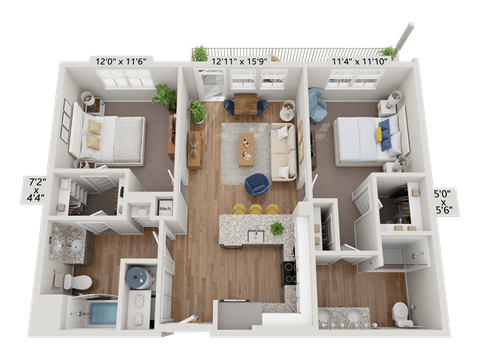 Floor plan for 2 beds, 2 baths, 993 sqft
